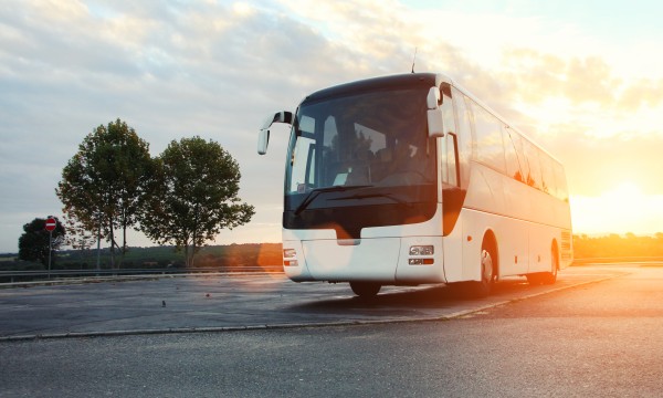 A white bus parked on a road with trees and a sunset in the background.